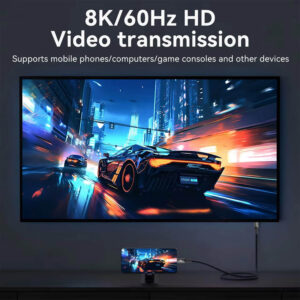 Focus: 8K Video Transmission Visual: Shows a smartphone connected to a large TV screen displaying a racing car. Key Info: Highlights 8K/60Hz resolution and compatibility with consoles and mobile devices.