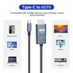 Produkto infografikas "C tipo televizija HDTV". Jos centre pavaizduotas pilkas C tipo HDMI adapterio kabelis su užrašu "4K UHD". Du stulpeliai iliustruoja suderinamumą: kairiajame stulpelyje rodomos mobiliųjų telefonų, planšetinių ir nešiojamųjų kompiuterių piktogramos; dešiniajame stulpelyje rodomos HDTV, monitorių ir projektorių piktogramos. Tekste teigiama, kad įrenginys yra "Suderinamas su keliais įrenginiais, prijungiamas ir naudojamas, paprastas ir patogus".