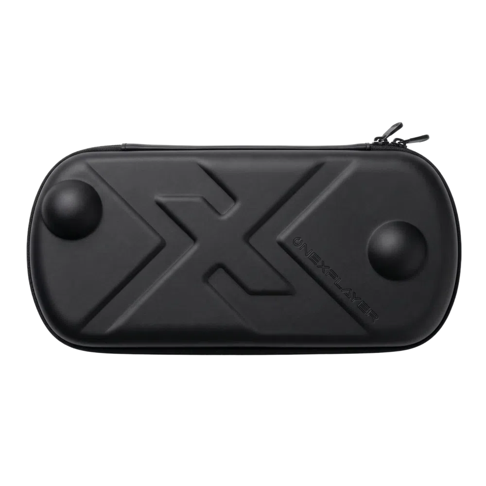 A sleek black, hard-shell ONEXPLAYER APEX Case featuring an embossed X logo, brand name, and protective joystick protrusions on a solid black background.