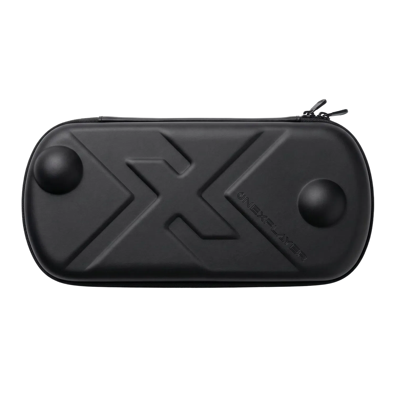 A sleek black, hard-shell ONEXPLAYER APEX Case featuring an embossed X logo, brand name, and protective joystick protrusions on a solid black background.