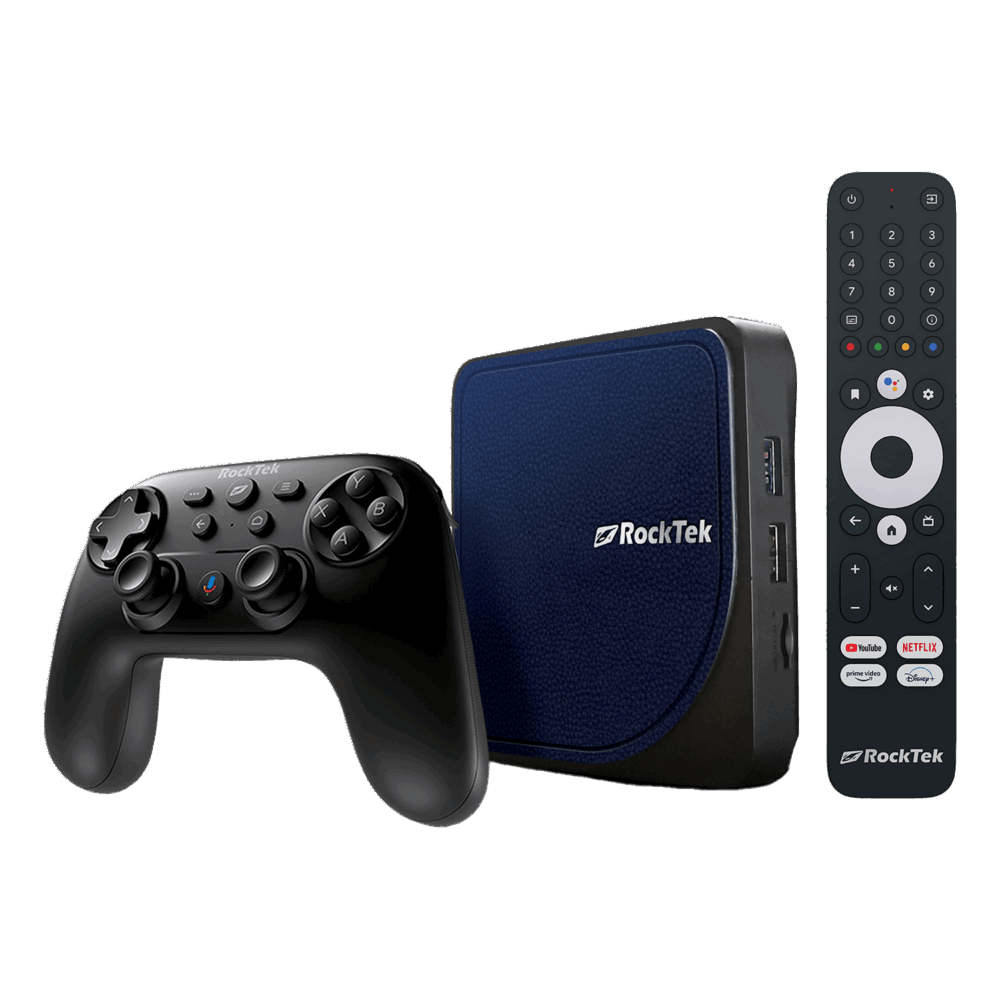 A perspective studio shot of the RockTek G2 Android TV box bundle against a black background. The set includes a square navy blue textured media hub, a black ergonomic game controller with dual joysticks, and a slim black remote control featuring dedicated buttons for YouTube, Netflix, Prime Video, and Disney+.