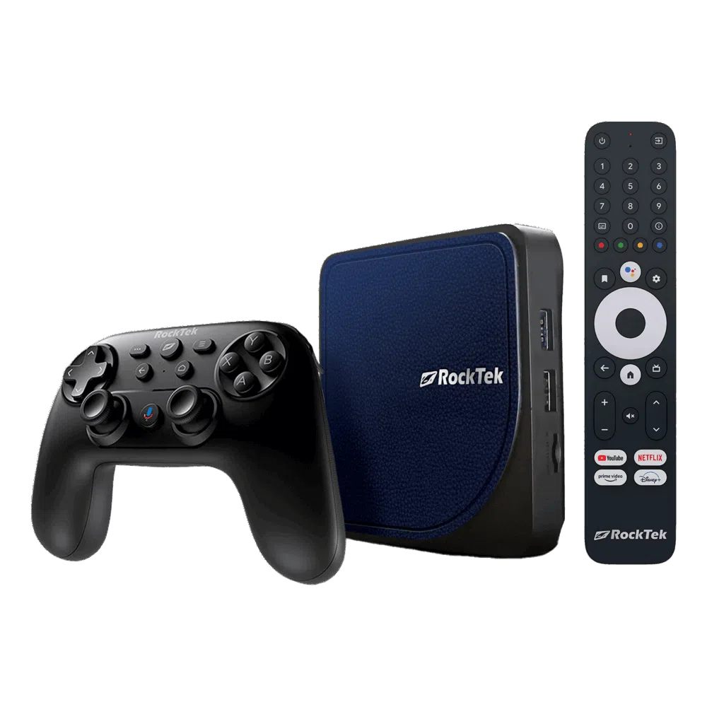 A perspective studio shot of the RockTek G2 Android TV box bundle against a black background. The set includes a square navy blue textured media hub, a black ergonomic game controller with dual joysticks, and a slim black remote control featuring dedicated buttons for YouTube, Netflix, Prime Video, and Disney+.