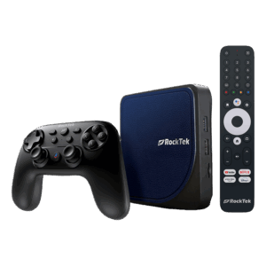 A perspective studio shot of the RockTek G2 Android TV box bundle against a black background. The set includes a square navy blue textured media hub, a black ergonomic game controller with dual joysticks, and a slim black remote control featuring dedicated buttons for YouTube, Netflix, Prime Video, and Disney+.