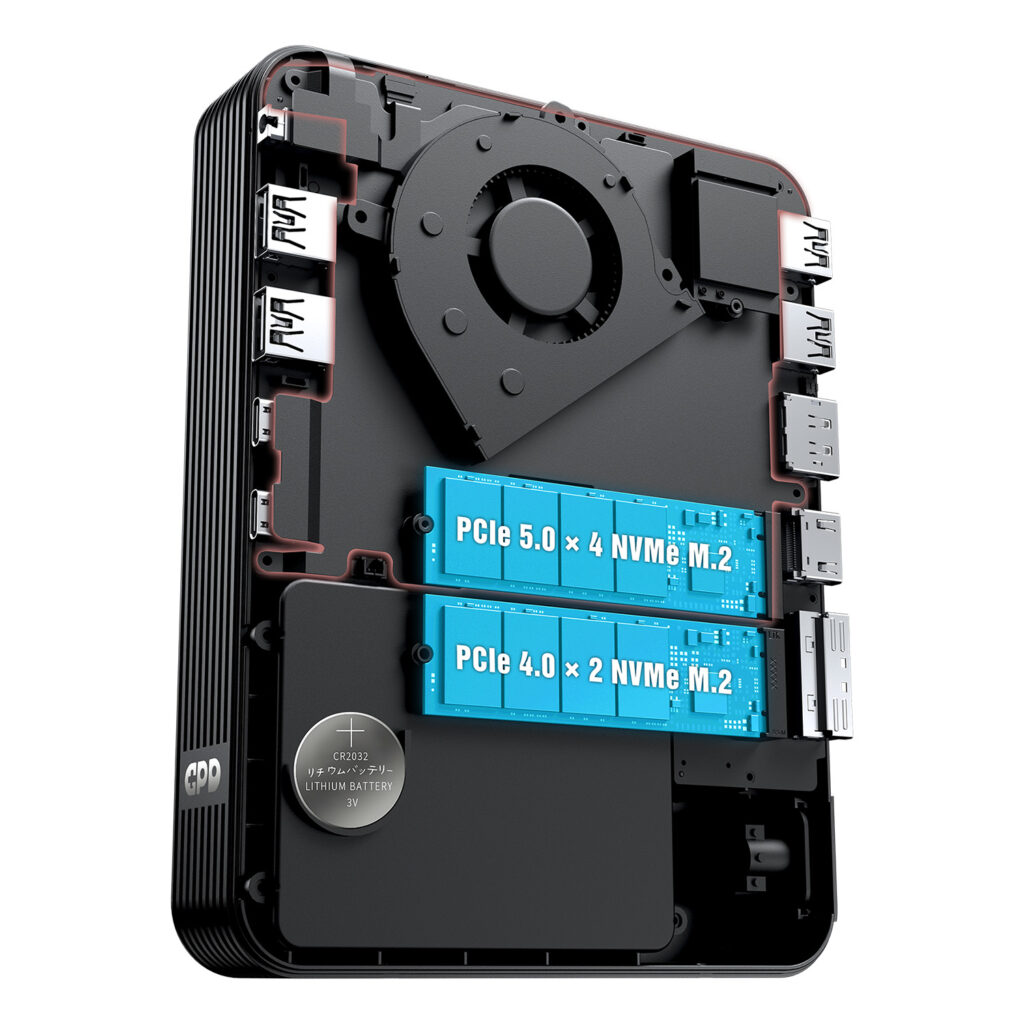 GPD BOX Mini PC 2 Internal layout diagram of a compact GPD computer or dock. The image shows a large black centrifugal cooling fan at the top, two blue-highlighted M.2 SSD slots labeled "PCIe 5.0 x 4 NVMe M.2" and "PCIe 4.0 x 2 NVMe M.2," and a silver CR2032 lithium battery. Various internal port headers are visible along the edges of the black chassis.