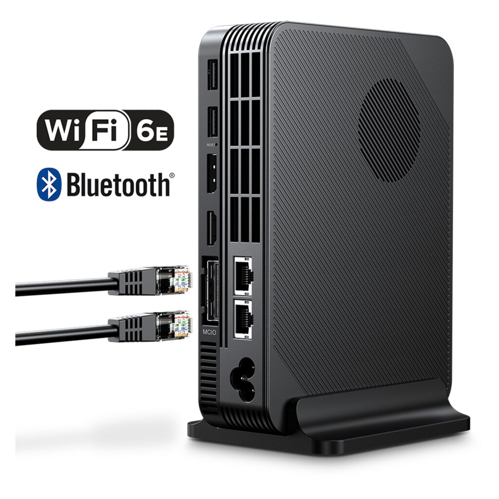 GPD BOX Mini PC 3 A marketing graphic of a GPD eGPU/docking station highlighting its connectivity. The rear panel is shown with various ports labeled, including two RJ45 Ethernet ports with cables pointed toward them, an MCIO (OCulink) port, HDMI, DisplayPort, and multiple USB-A ports. Icons for Wi-Fi 6E and Bluetooth indicate wireless capabilities.