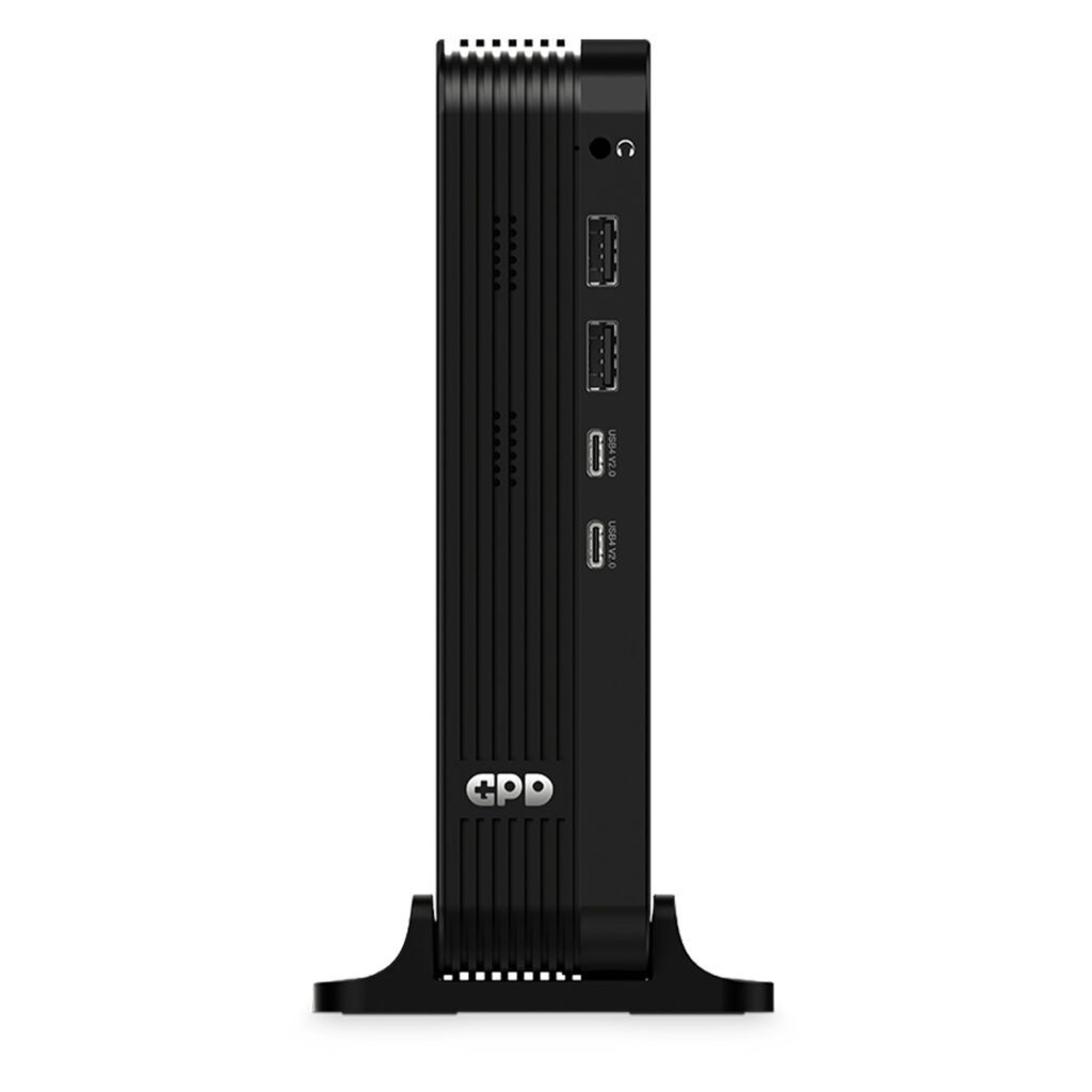 GPD BOX Mini PC 1 Side view of a black vertical docking device featuring two USB 2.0 ports on the front panel and finned heat sink sections
