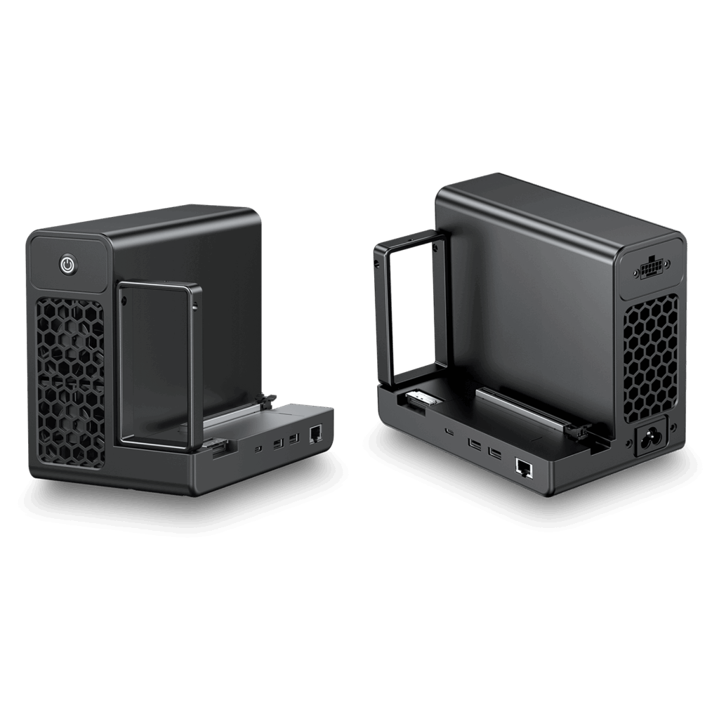 GPD-G2-LISTING-DONE-01 - DROIX EU GPD G2 eGPU external graphics card enclosure, shown in two perspectives against a black background, with visible ports, power supply, and internal PCIe slot for custom GPU installation.
