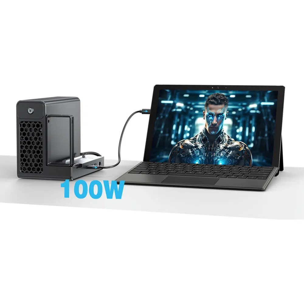 The GPD G2 eGPU enclosure connected to a 2-in-1 tablet PC via USB4, providing 100W Power Delivery charging while simultaneously expanding graphical performance for high-end gaming and AI workloads.