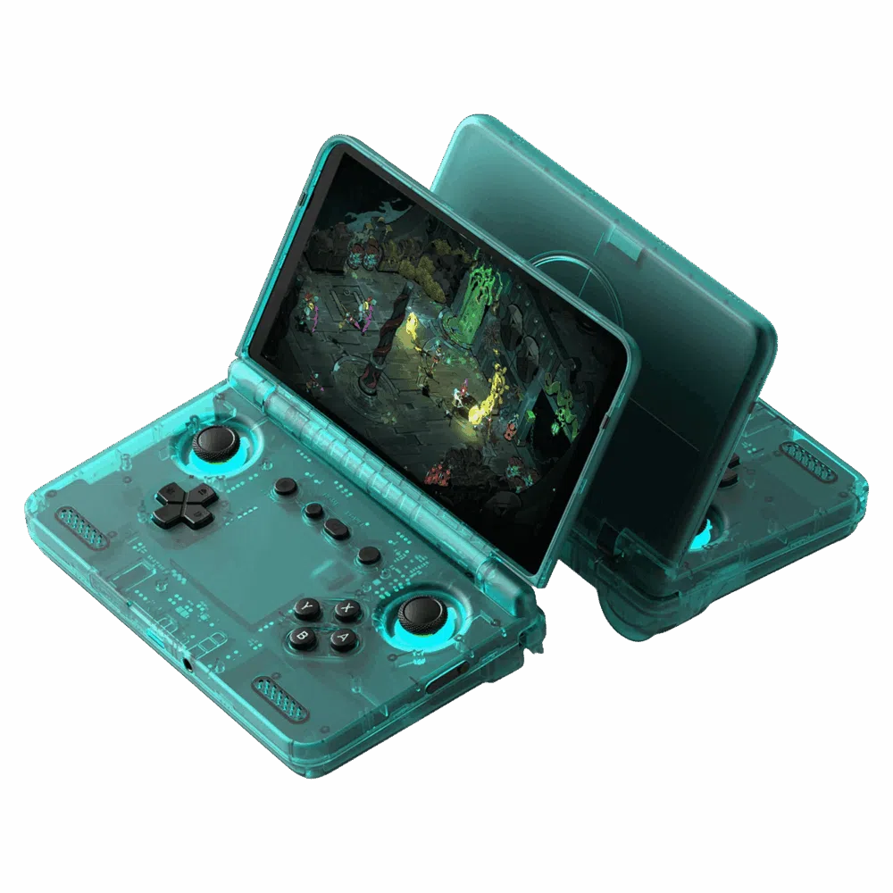 A transparent Ice Blue Retroid Pocket Flip 2 Handheld game console displaying internal circuitry, active-cooling vents, and vibrant LED-backlit analogue controls.