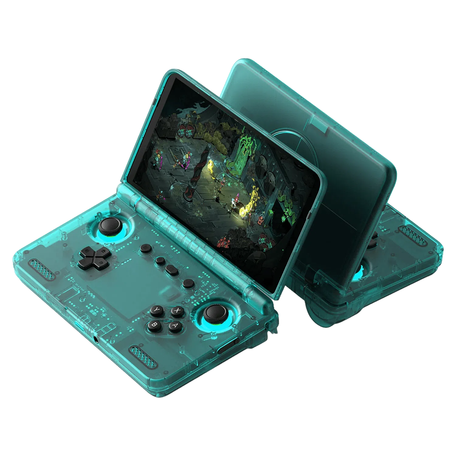 A transparent Ice Blue Retroid Pocket Flip 2 Handheld game console displaying internal circuitry, active-cooling vents, and vibrant LED-backlit analogue controls.