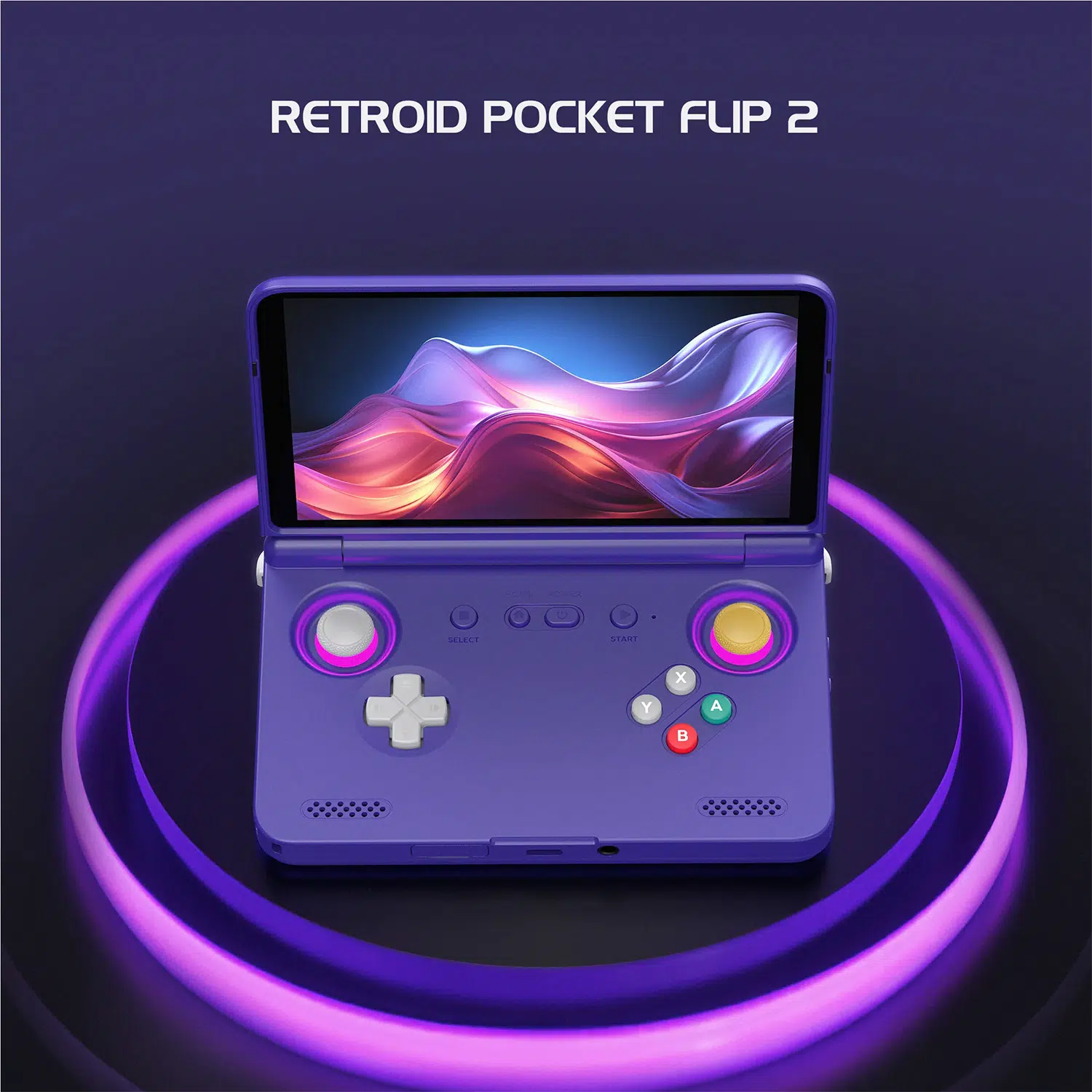 Open purple handheld gaming console with glowing purple ring lights and a vibrant screen; title 'RETROID POCKET FLIP 2' above it