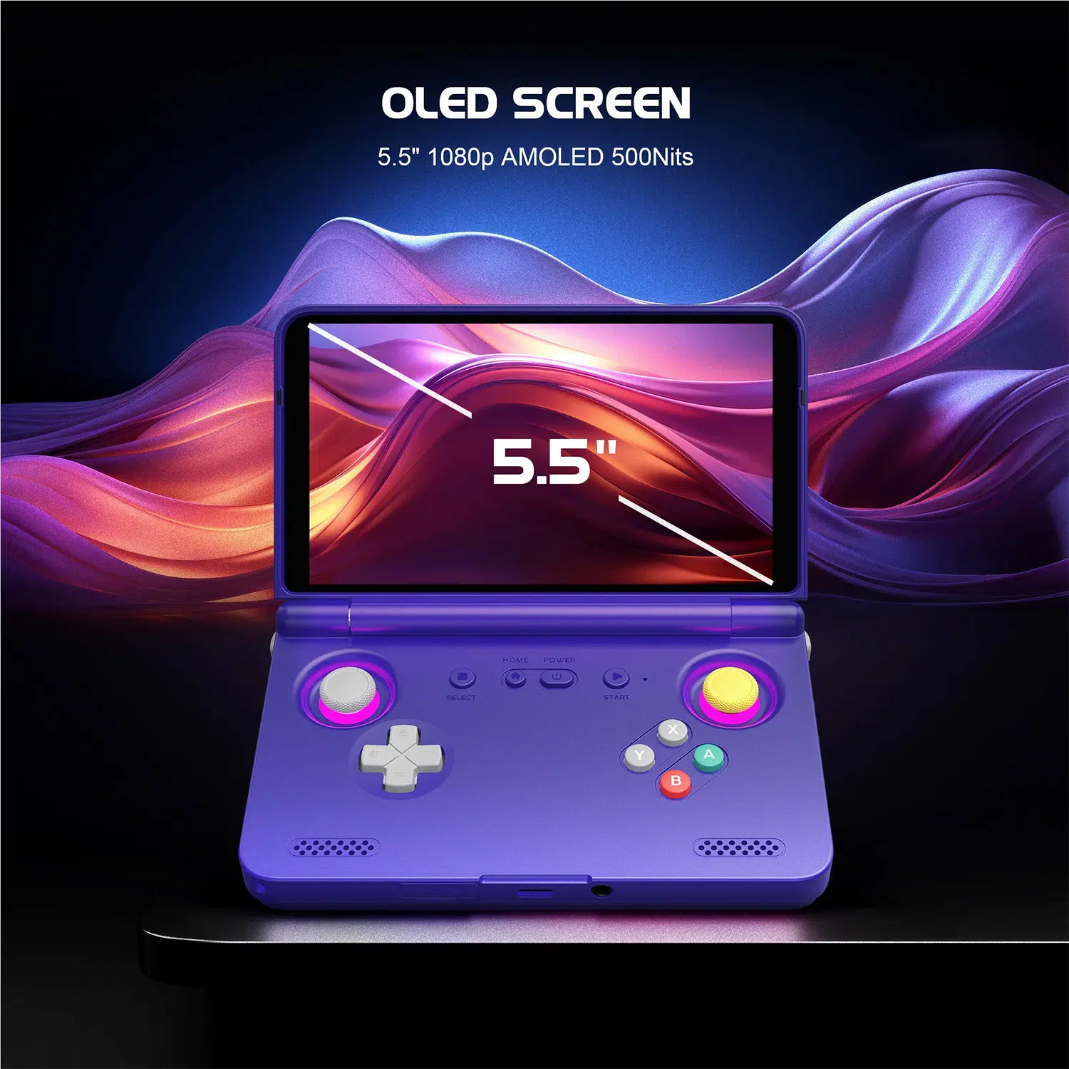 Technical graphic of the Retroid Pocket Flip 2 showing the 5.5-inch 1080p AMOLED display with 500 nits brightness and high color contrast.