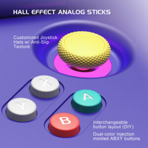 Bližnji pregled upravljal Retroid Pocket Flip 2 s prilagojenimi nedrsečimi analognimi paličicami s Hallovim učinkom in dvobarvnimi vbrizgavanimi gumbi ABXY.