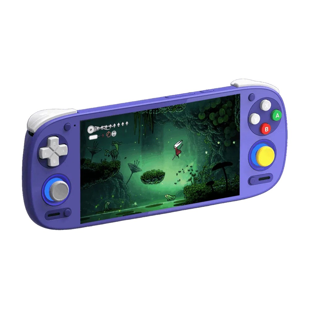 Purple handheld game console with a D‑pad on the left, colorful A/B/X/Y buttons on the right, and a vibrant underwater-adventure game on the screen.