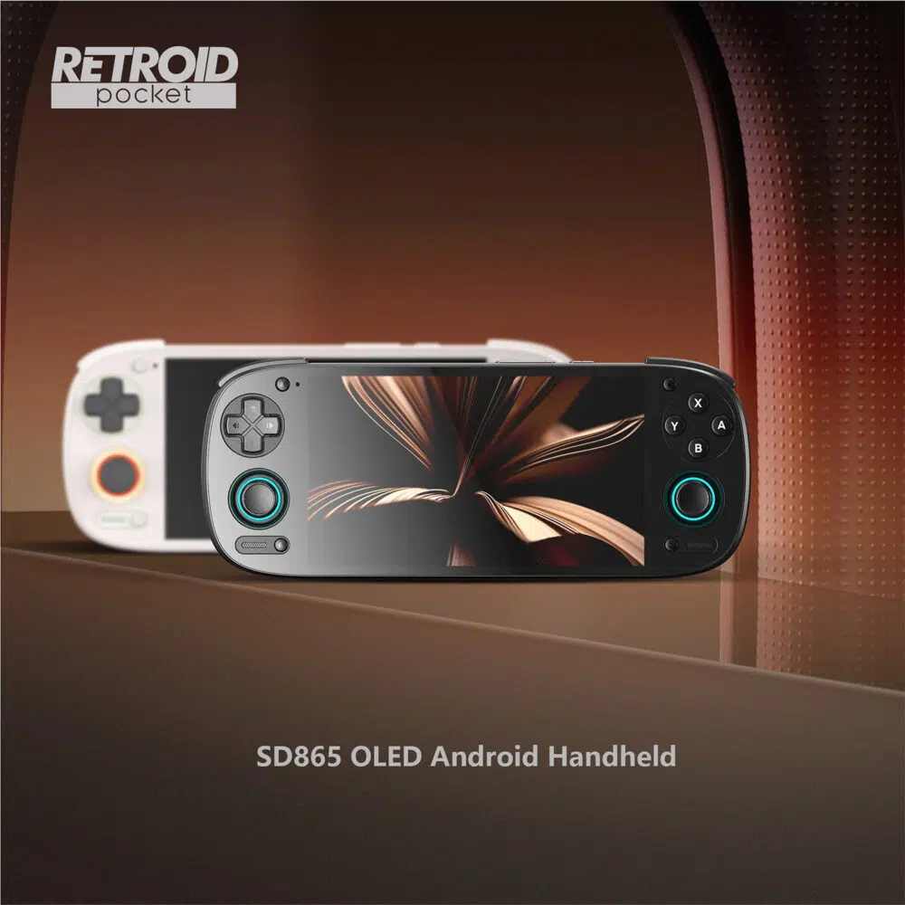 Front view of a black SD865 OLED Android Handheld with teal-ring analog sticks, foreground, white model in background and Retroid Pocket logo in the top-left.