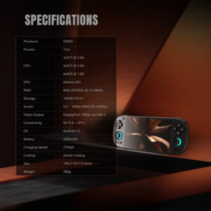 Detailed specifications table for the Retroid Pocket 5, highlighting the Snapdragon 865 processor, 8GB LPDDR4x RAM, 128GB UFS 3.1 storage, and 1080p AMOLED screen specs