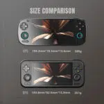 Srovnávací obrázek Retroid Pocket 5 (RP5) vs. Retroid Pocket 4 (RP4), který zdůrazňuje větší obrazovku RP5, ergonomický design a lehkou konstrukci o hmotnosti 280 g.