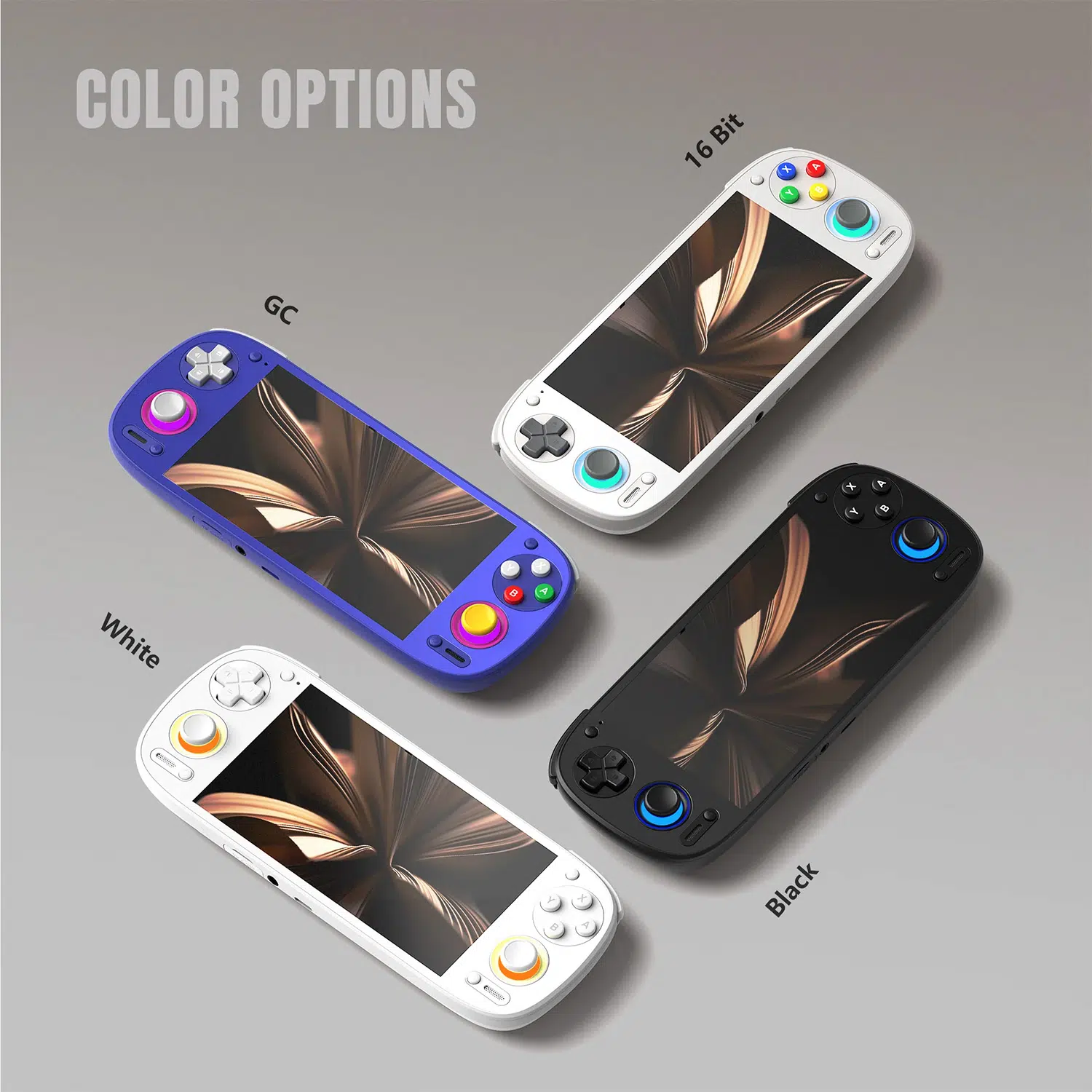 Group shot of the Retroid Pocket 5 Handheld in all four color variants: 16-Bit Grey, GC Indigo Purple, Minimalist White with orange LEDs, and Classic Black with blue LEDs