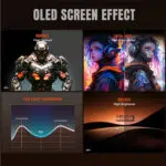 Koláž s názvem "OLED SCREEN EFFECT": levý obrázek zobrazuje futuristického obrněného robota s nápisem High Contrast (vysoký kontrast); vpravo jsou dva barevné portréty s nápisem High Color Gamut (sRGB). vlevo dole graf s nápisem "nízká spotřeba energie"; vpravo dole obrázek pouště s nápisem "500 NITS High Brightness".