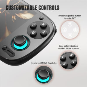 Gaming controller with four black ABXY buttons and glowing blue analog stick, showcasing customizable controls for DIY button layouts.