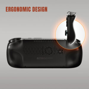 Handheld gaming console with a large ergonomic grip highlighted in orange, showcasing ergonomic design.