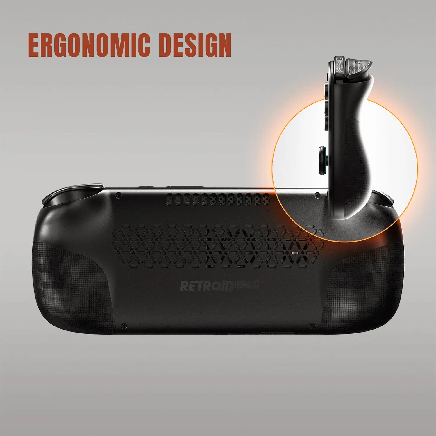 Handheld gaming console with a large ergonomic grip highlighted in orange, showcasing ergonomic design.