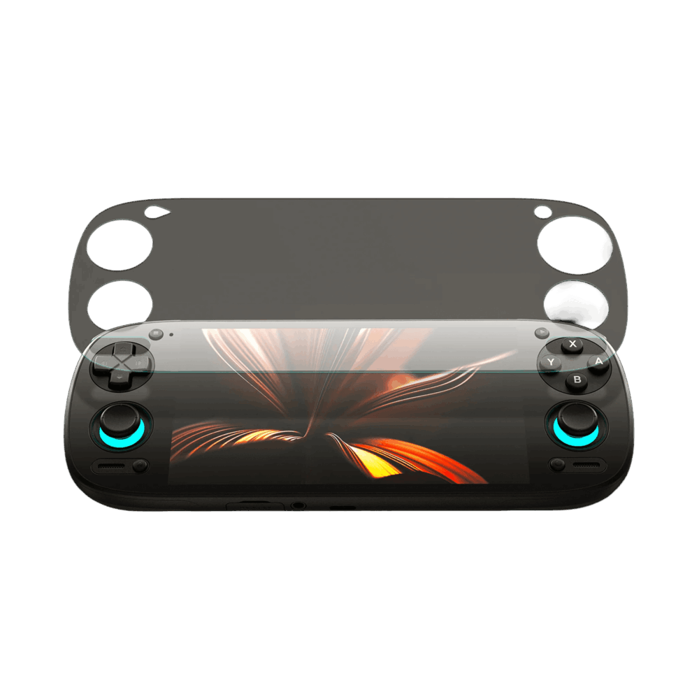 A high-resolution product render of the Retroid Pocket 5 gaming handheld on a black background. The device features a vibrant screen display and glowing teal rings around the dual joysticks. A semi-transparent screen protector is shown hovering above the device, illustrating how its custom cutouts align perfectly with the D-pad, action buttons, and joysticks.