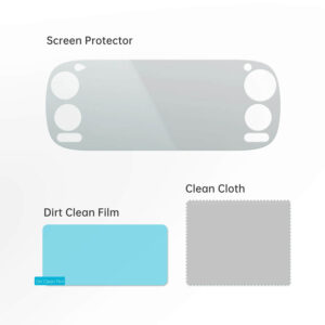 Screen protector product layout showing accompanying Dirt Clean Film and Clean Cloth items labeled on the page
