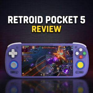 Thumbnail showing a purple Retrooid Pocket 5 handheld with a game UI on screen, and bold title 'RETROID POCKET 5 REVIEW' above