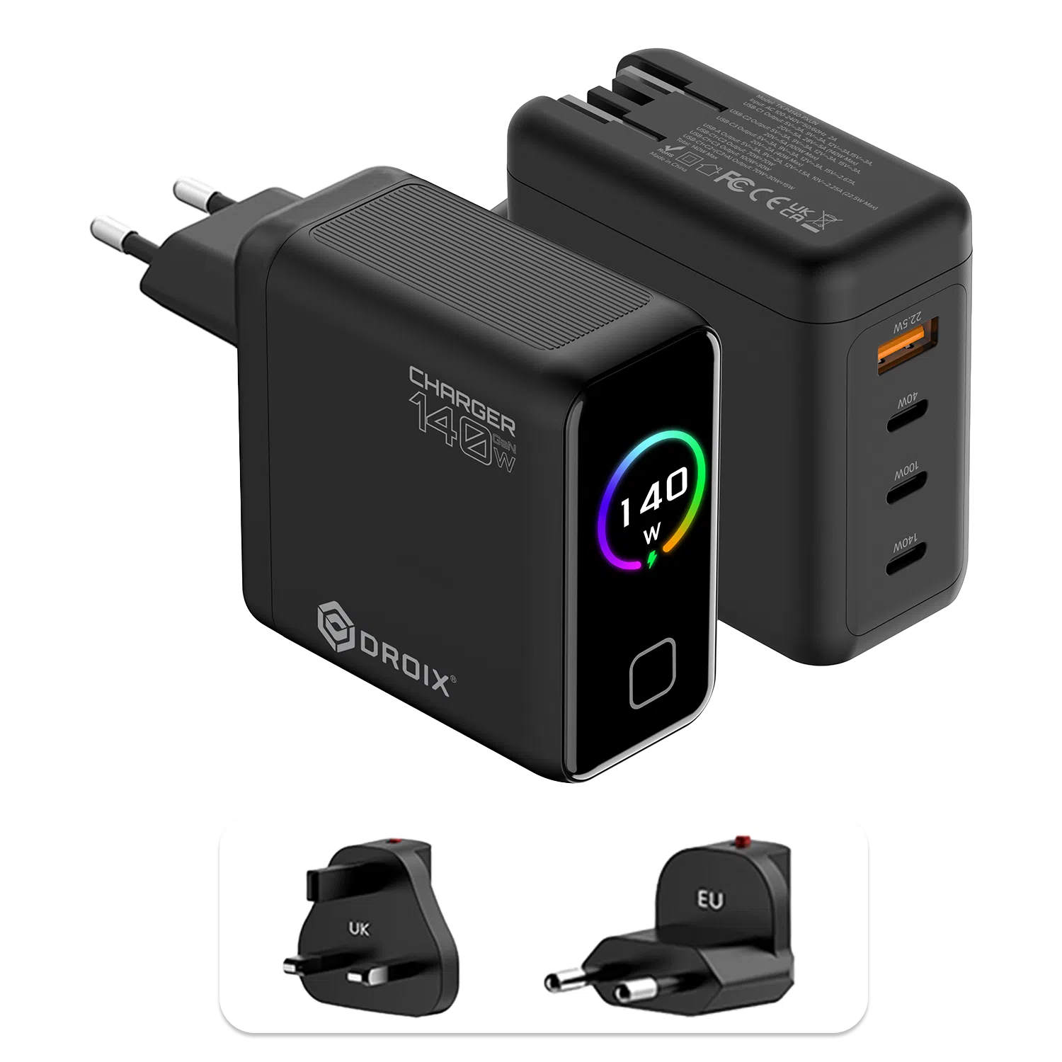 A detailed product graphic showing two views of the black DROIX 140W USB-C Wall Charger and its interchangeable international adapters. The top-left view displays the charger's matte black body with a glossy front screen. The display features a vibrant rainbow-colored circular ring around a "140 W" power indicator. The top-right view highlights the four output ports: three USB-C ports (labeled 40W, 100W, and 140W) and one orange USB-A port (22.5W). At the bottom, two snap-on travel adapters for UK and EU sockets are shown, highlighting the unit’s versatility for global travel.