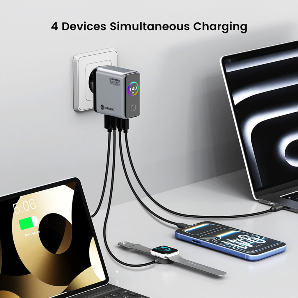 DROIX 140W USB-C-seinälaturi kytkettynä pistorasiaan, joka lataa samanaikaisesti neljä laitetta, kuten kannettavan tietokoneen, tabletin, älypuhelimen ja älykellon. Kuvassa korostuu "4 laitteen samanaikainen lataus" -ominaisuus, kun laitteen pohjaan on liitetty neljä kaapelia.