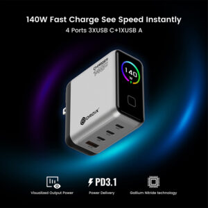 White multi-port charger with four ports (three USB-C, one USB-A) and 140W fast charging, set against a dark gradient background with neon accents.