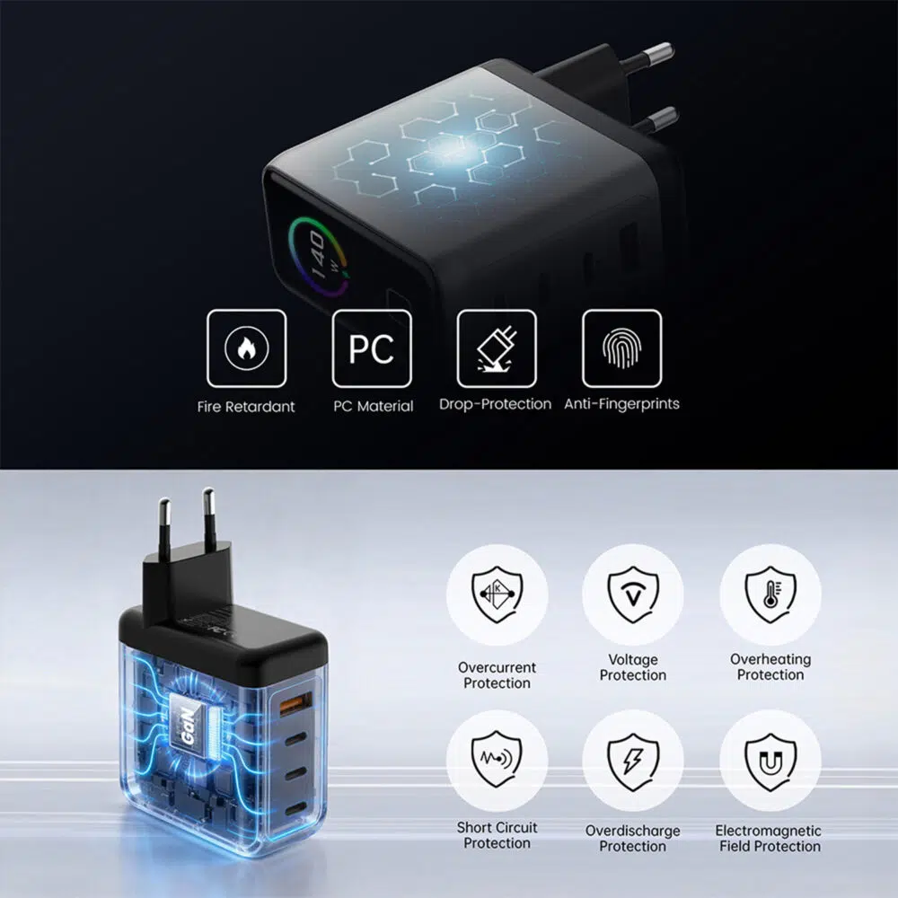 Power adapter with hex-patterned top and four feature icons: Fire Retardant, PC Material, Drop-Protection, Anti-Fingerprints.