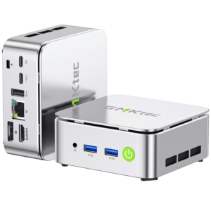 Three-quarter product shot of two silver GMKtec G10 Mini PCs on a black background, showcasing the reflective metallic chassis, the front ports with the green power button, and the rear I/O connectivity options.