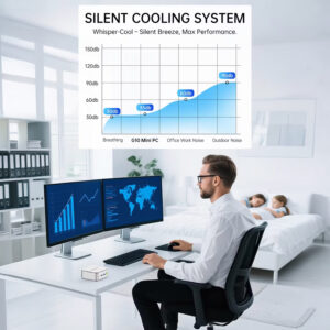 Office workstation setting showcasing a quiet cooling system performance chart, comparing the GMKtec G10 Mini PC's low 35 decibel noise level to standard office work and breathing.