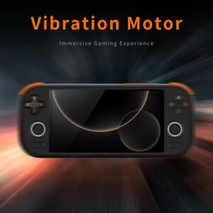 Front view of the MANGMI AIR X handheld console with a motion blur overlay to visually represent the dual vibration motors for haptic feedback.