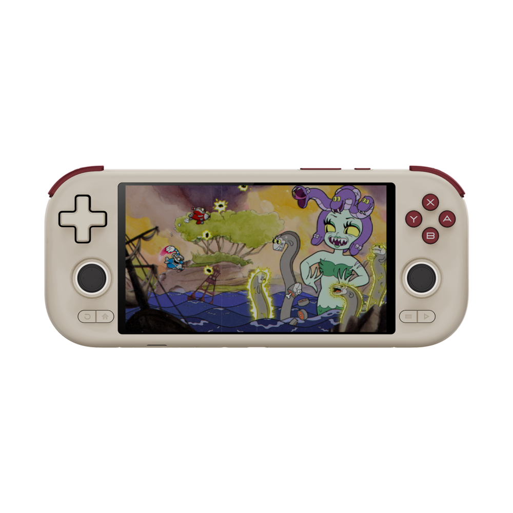 Latest Mini Computers, Gaming Handhelds and more 16 A retro-inspired grey Android handheld gaming console with dark burgundy shoulder buttons and face buttons, displaying a vibrant cartoon boss battle scene on its 6-inch touchscreen display against a solid black background.