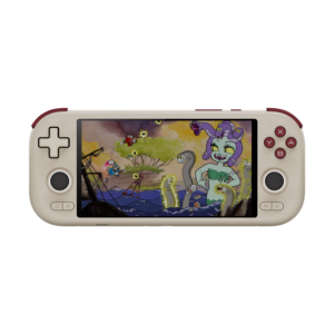 Uma consola de jogos portátil Android cinzenta de inspiração retro com botões de ombro e botões de rosto em cor borgonha escura, que apresenta uma cena vibrante de batalha de chefes de desenhos animados no seu ecrã tátil de 6 polegadas sobre um fundo preto sólido.