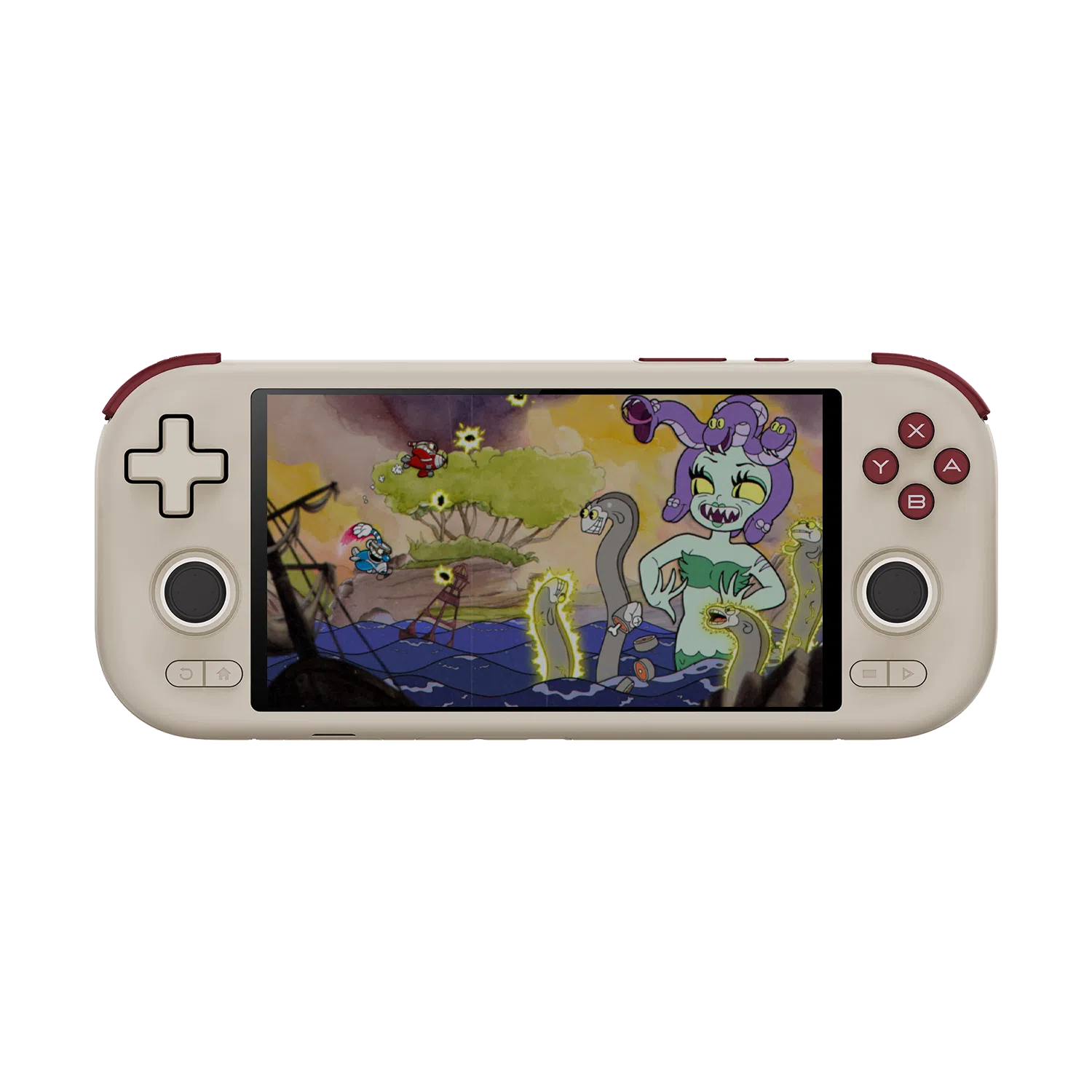 A retro-inspired grey Android handheld gaming console with dark burgundy shoulder buttons and face buttons, displaying a vibrant cartoon boss battle scene on its 6-inch touchscreen display against a solid black background.