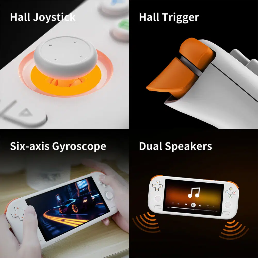 A 4-panel infographic detailing hardware specifications of the MANGMI AIR X premium controls including tactile Hall triggers, six-axis gyroscope, and stereo dual speakers.