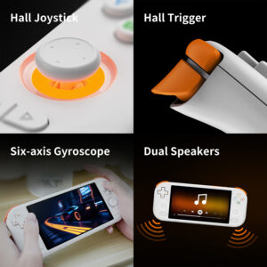 A 4-panel infographic detailing hardware specifications of the MANGMI AIR X premium controls including tactile Hall triggers, six-axis gyroscope, and stereo dual speakers.