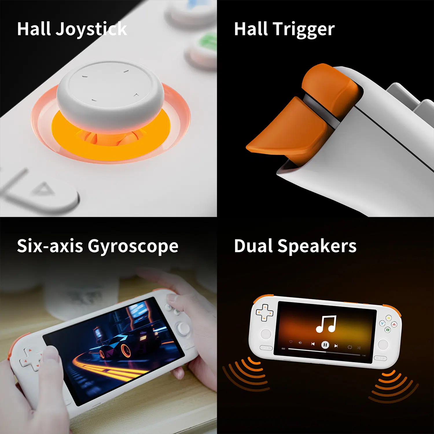 A 4-panel infographic detailing hardware specifications of the MANGMI AIR X premium controls including tactile Hall triggers, six-axis gyroscope, and stereo dual speakers.