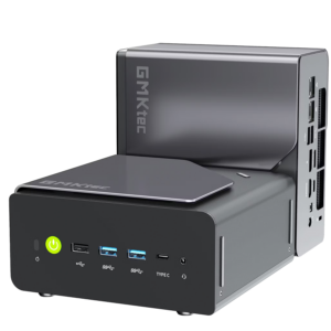 A product shot showing two identical compact mini PCs on a solid black background. One unit sits horizontally in the foreground, displaying its front panel with a glowing green power button, three USB-A ports, a Type-C port, and a headphone jack. The second unit is placed vertically directly behind it, showcasing its sleek gray side panel with the "GMKtec" logo and a view of the rear I/O connectivity ports.