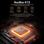 En reklamgrafik som belyser processorn i NucBox K12 minidator. Överst finns en sammanfattning av AMD:s anpassade chip "Ryzen 7 H255", med en maxfrekvens på 4,9 GHz, 35 till 54 W TDP, 8 kärnor med 16 trådar och en cache på 16 MB. Den nedre halvan är en stiliserad, närgången digital rendering av den lysande orange AMD Ryzen-processorn integrerad på ett komplext kretskort.