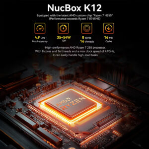 Una grafica promozionale che evidenzia il processore del mini PC NucBox K12. La parte superiore presenta una sintesi del chip personalizzato AMD "Ryzen 7 H255", con una frequenza massima di 4,9 GHz, un TDP da 35 a 54 W, 8 core con 16 thread e una cache di 16 MB. La metà inferiore è un rendering digitale stilizzato e ravvicinato della CPU AMD Ryzen arancione brillante integrata in un complesso layout di circuito stampato.