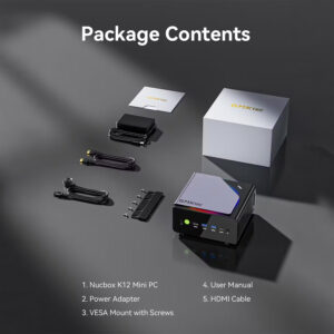 Una grafica pulita di scomposizione del prodotto intitolata "Contenuto della confezione" su una superficie riflettente grigio scuro. Elenca e mostra cinque articoli disposti in modo ordinato: 1. Mini PC Nucbox K12, 2. Adattatore di alimentazione, 3. Supporto VESA con viti, 4. Manuale d'uso e 5. Cavo HDMI. Cavo HDMI. Sullo sfondo si trova la scatola di imballaggio del prodotto, di colore bianco, con il logo "GMKtec" in oro.