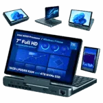 GPD-MICROPC-2-N350-4TB-LISTING-DONE-01.1 A promotional image showcasing the versatile display modes of the GPD MicroPC 2. A central image shows the device open in laptop mode, with a detailed dashboard on its screen. Around it, smaller versions of the device are shown in different orientations: in tablet mode, inverted V-shape, and portrait mode. Bullet points at the bottom highlight key features like the processor, screen size, and storage capacity. The background is a solid dark green.