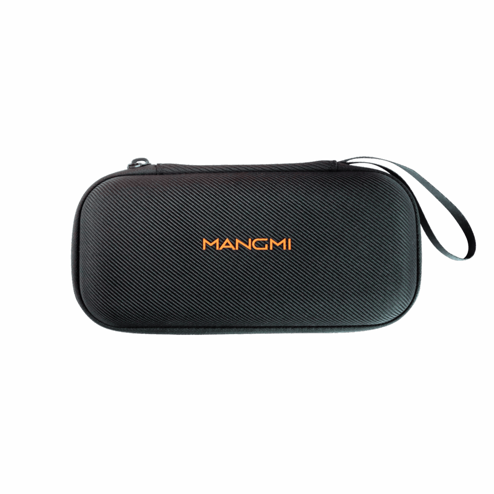 Closed exterior view of the MANGMI Air X Carrying Case on a black background, highlighting its rigid hard-shell design with a black carbon-fiber diagonal texture, a vibrant orange "MANGMI" logo across the center, and a convenient side-attached wrist strap.