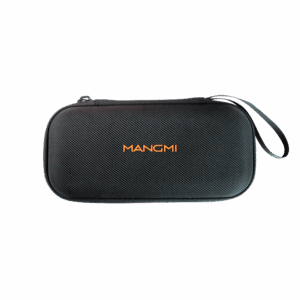 Closed exterior view of the MANGMI Air X Carrying Case on a black background, highlighting its rigid hard-shell design with a black carbon-fiber diagonal texture, a vibrant orange "MANGMI" logo across the center, and a convenient side-attached wrist strap.