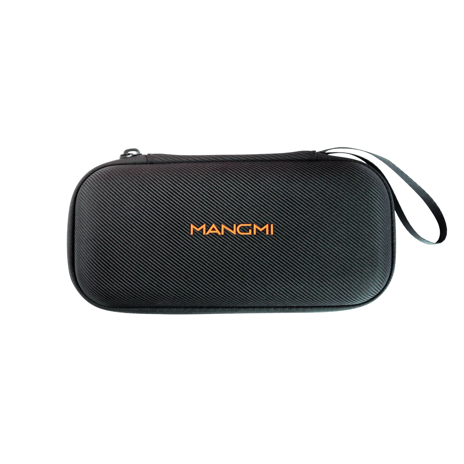 Closed exterior view of the MANGMI Air X Carrying Case on a black background, highlighting its rigid hard-shell design with a black carbon-fiber diagonal texture, a vibrant orange "MANGMI" logo across the center, and a convenient side-attached wrist strap.